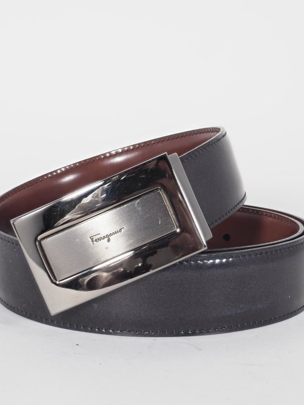 Salvatore Ferragamo Reversible Leather Belt Black Brown Silver Buckle